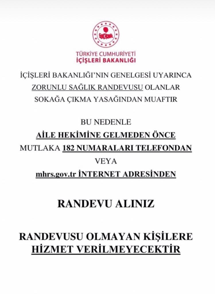 Tam Kapanma Sürecinde Randevu İşlemleri Hk.
